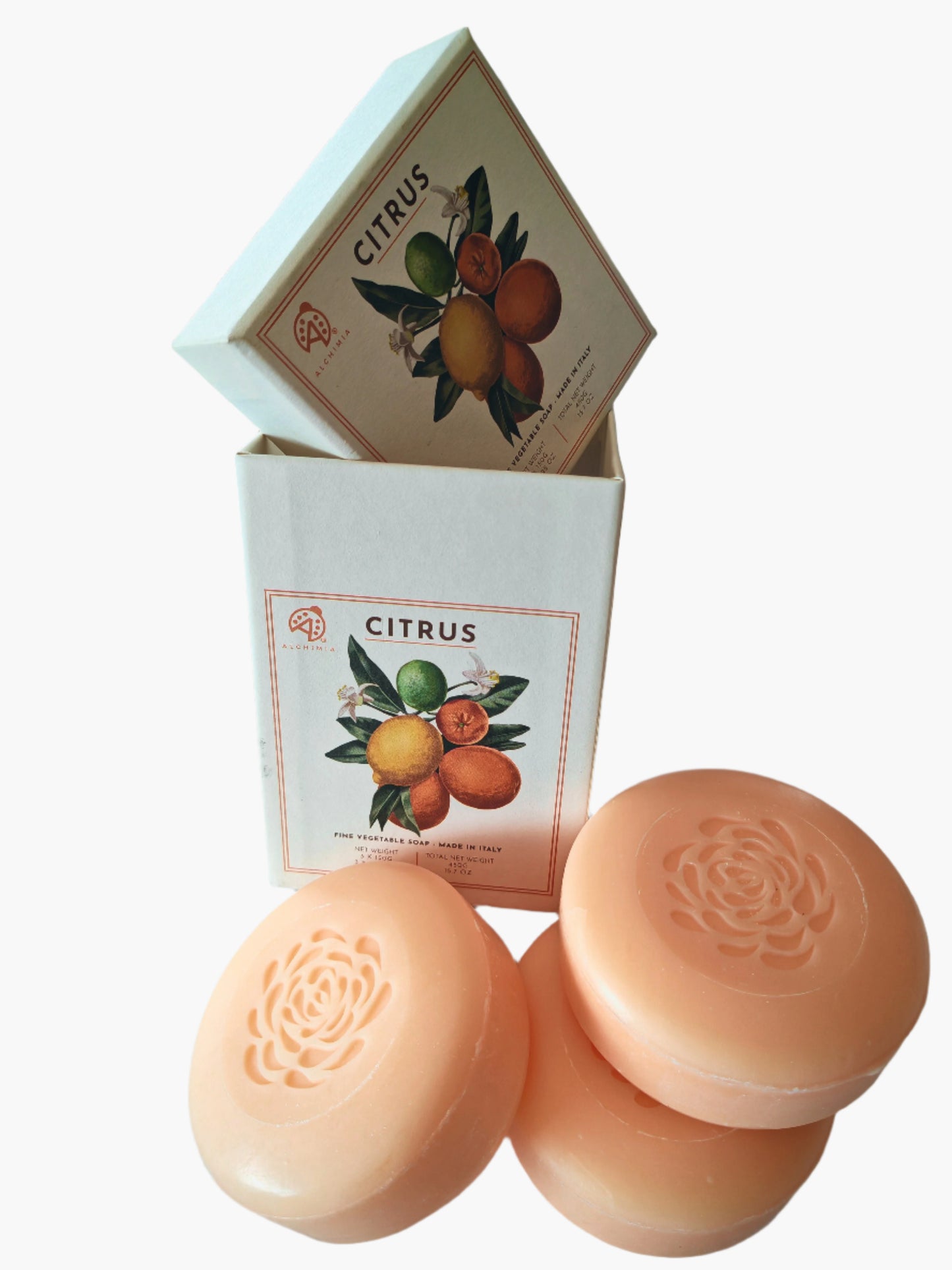 Vegetable soap Alchimia box with 3 soaps/ available scents Rose, Citrus, Lemon & Olive oil